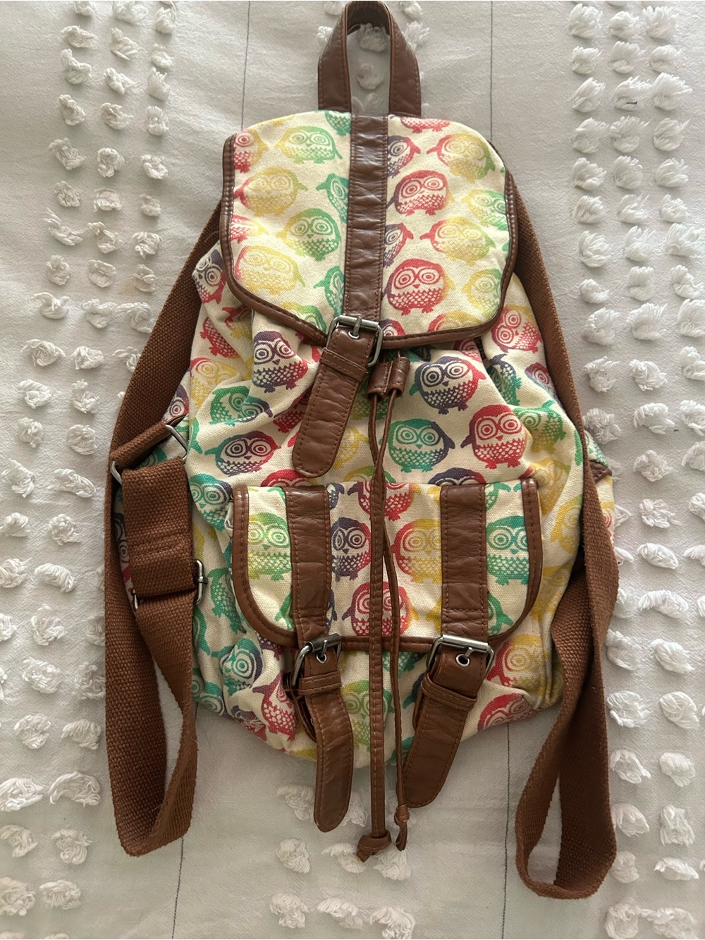 Multicolor Owl Print Canvas Backpack with Brown Trim